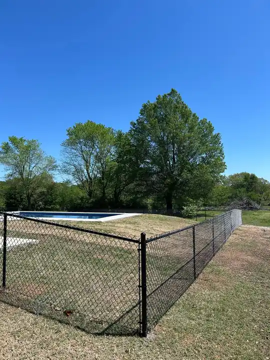 Black vinyl-coated chain link fence around a backyard swimming pool